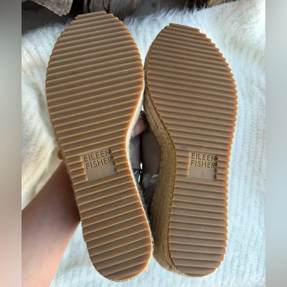 Eileen Fisher Tan Espadrille Wedge Sandals leather upper‎ & jute wrapped Sz-8. S